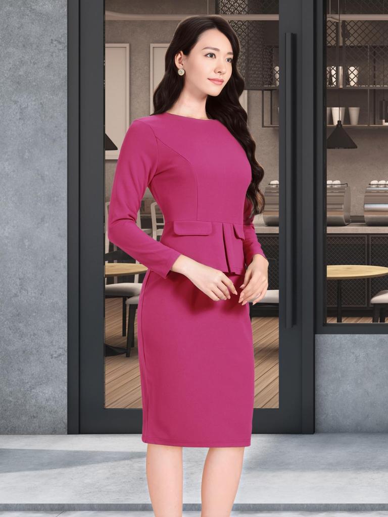 Allegra K Sheath Dress, Bodycon Dress, 3/4 Sleeves, Peplum, Round Neck, Perfect for Commuting, Office, Women's, Hot Pink, Size L