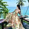 Super fairy pendulum atmosphere floral temperament waist thin pleated neck tube top suspender long skirt seaside vacation skirt