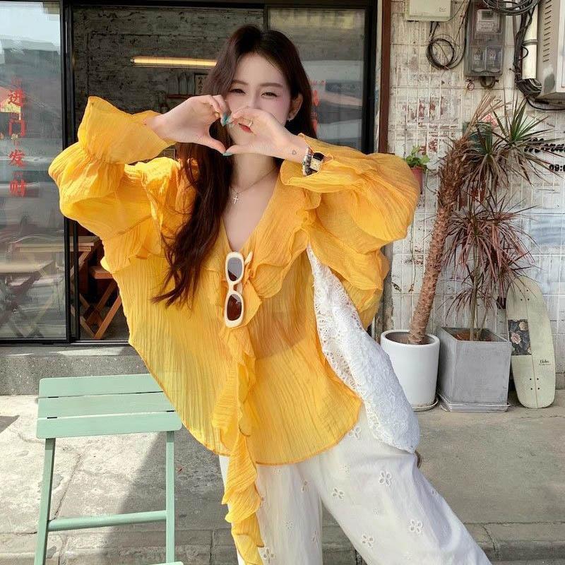 Shirt for Women Summer Oversize Cotton Loose Blouse V Neck Casual Long Sleeve Pullover Soft Loose Shirt Top