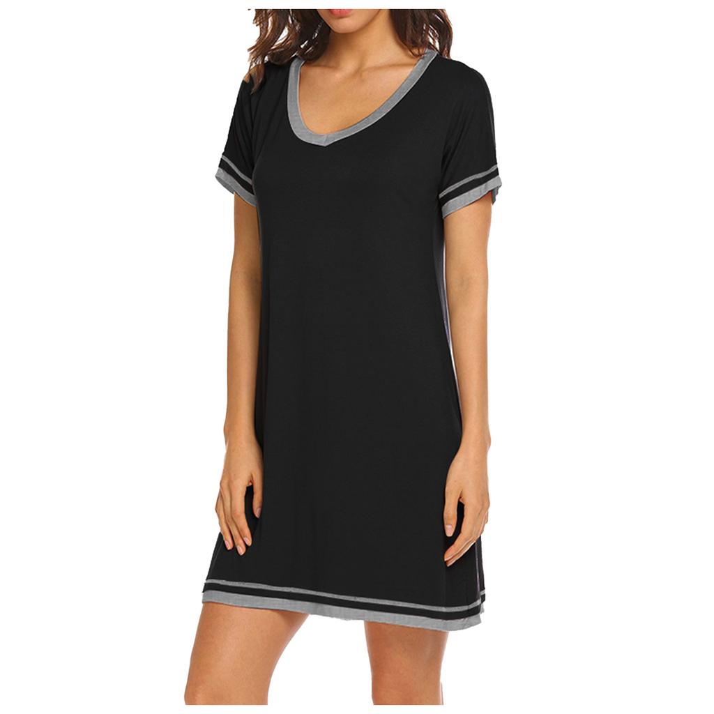 Women Fashion Short Sleeve Causal Patchwork Pullover Loose Home Sleep Dress