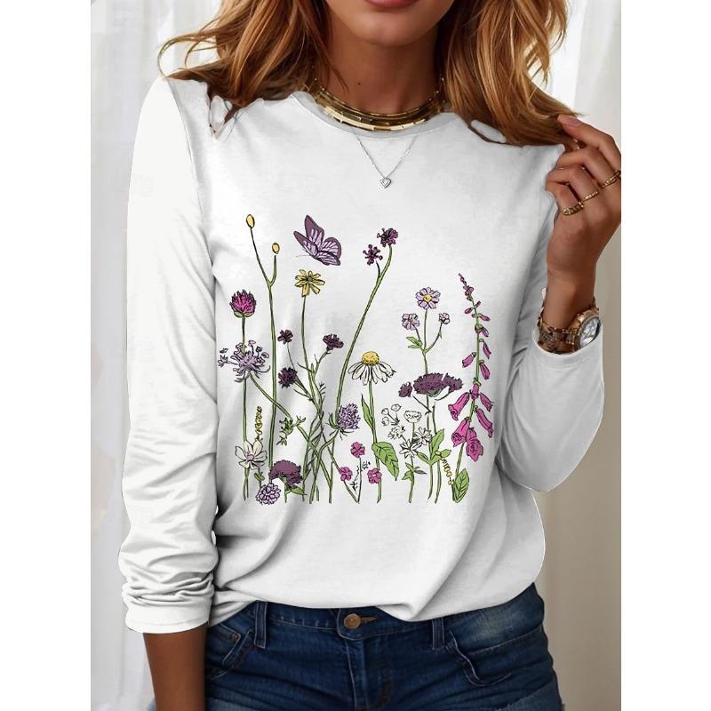 

Easter Women s T shirt Long Sleeve Crew Neck Floral Graphic Plants Vintage Stylish Classic Round Neck Regular Tops S