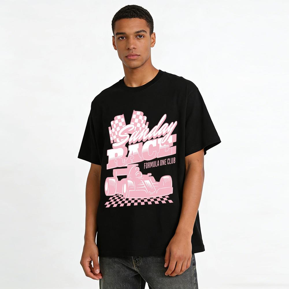Sunday Race Formula One Club Graphic Tee Retro Racing Car Checkered Flag Print Casual Top Pure Cotton T-shirt