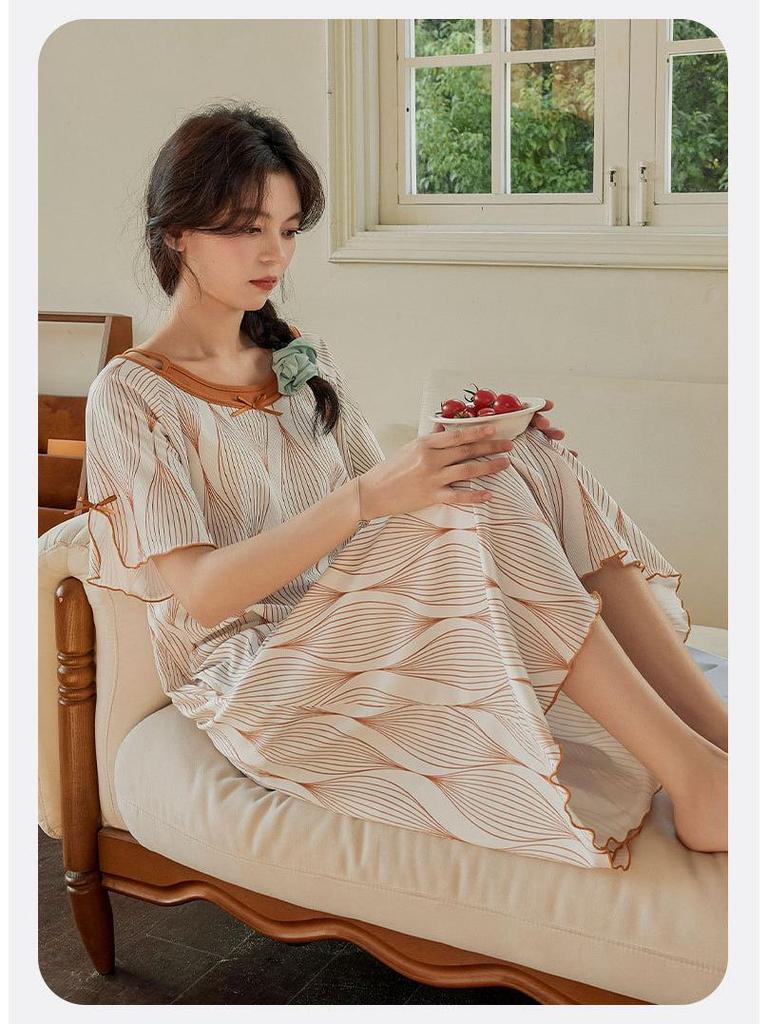 Women's Summer Ice Silk Two-Piece Nightdress with Breast Pads - Short-Sleeved, Sweet, Knee-Length