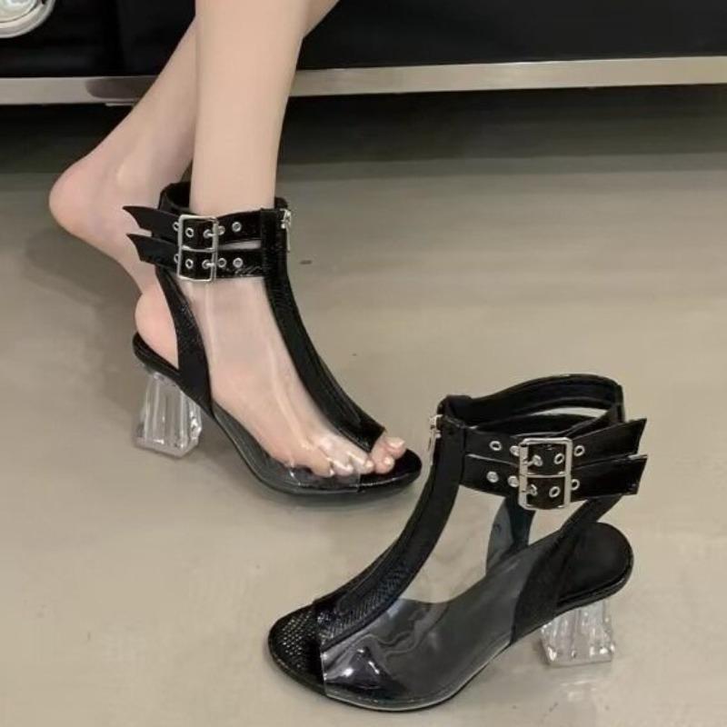 

Fashion High Heels Women Sandals Fashion Elegant Buckle Shoes Lady 2025 New Chunky Slippers Summer Cool Pumps Leather Sandalias De Mujer 40 чёрный
