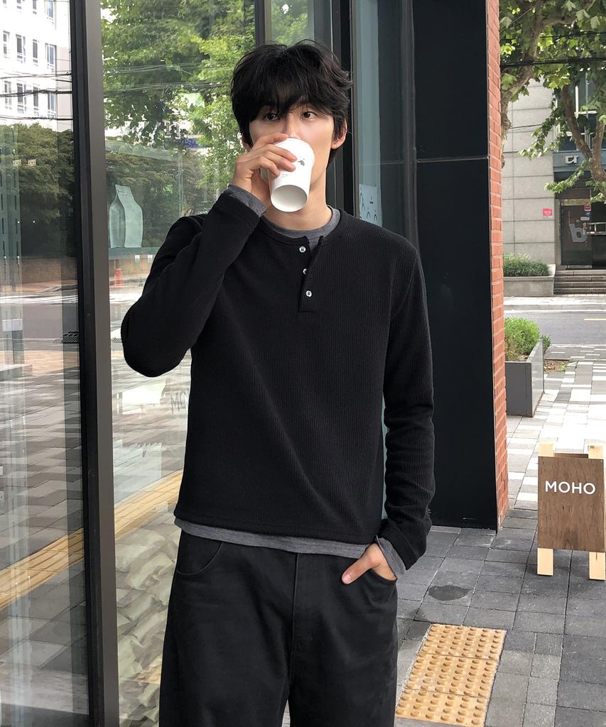 THEY Layered Ribbed Henley Neck T-Shirt_4 Color