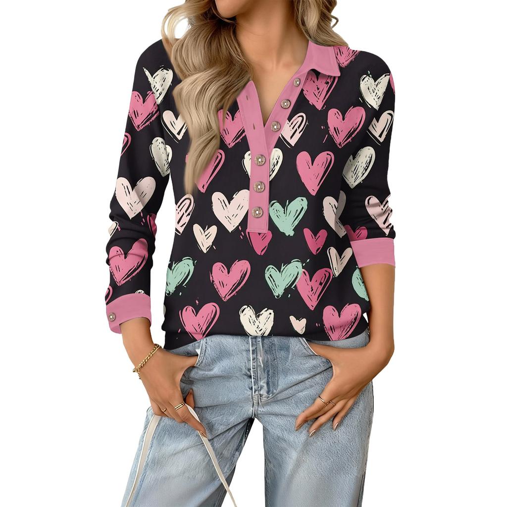 Damen Retro Street Lässiger V-Ausschnitt Langarm Knopf Valentinstag Herz Pullover Top