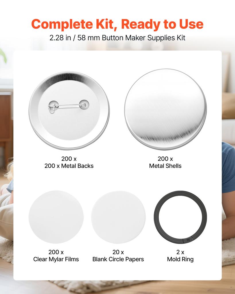 VEVOR Button Maker Supplies 200 Sets 2.28 in / 58 mm Pin Back Button Parts, with Metal Backs, Metal Shells, Clear Mylar Films