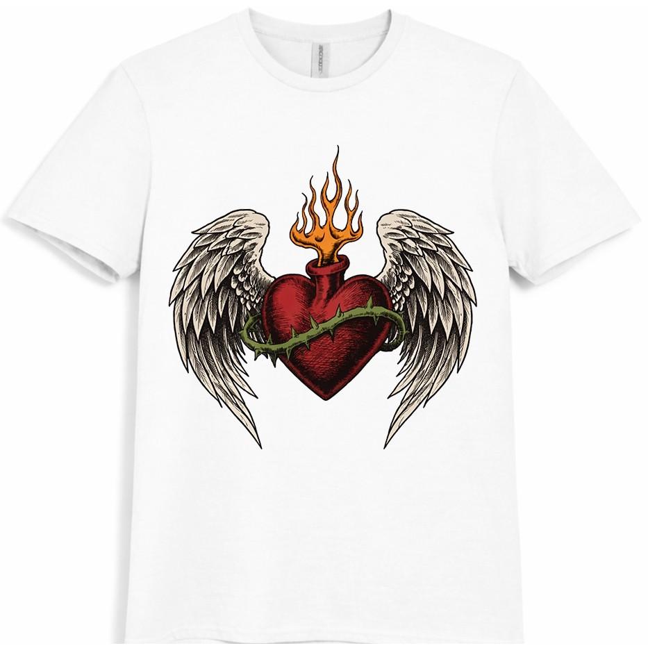 Flaming Heart T Shirt Angel Wings Tattoo Style Biker Gothic Graphic Tee