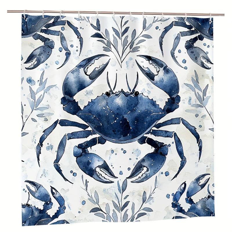 1Pc Blue Gray Crab & Foliage Shower Curtain - 71X71 Inch, Polyester, 12 Hooks, Symmetrical Pattern, Summer Bathroom Decor