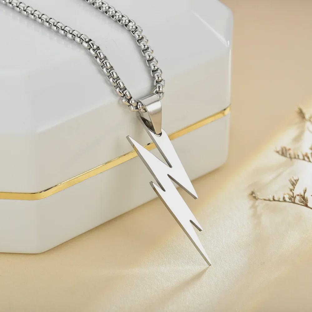 European & American Hip Hop Titanium Steel Lightning Pendant Necklace with Men's Square Pearl.