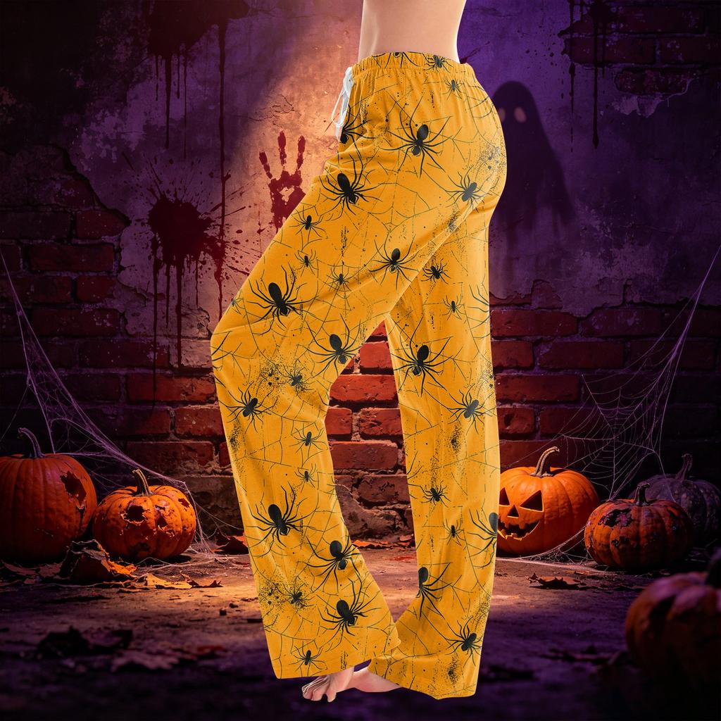 Women Drawstring Waist Halloween Print Long Pants Casual Loose Fit Trousers for Daily Home Lounge Wear