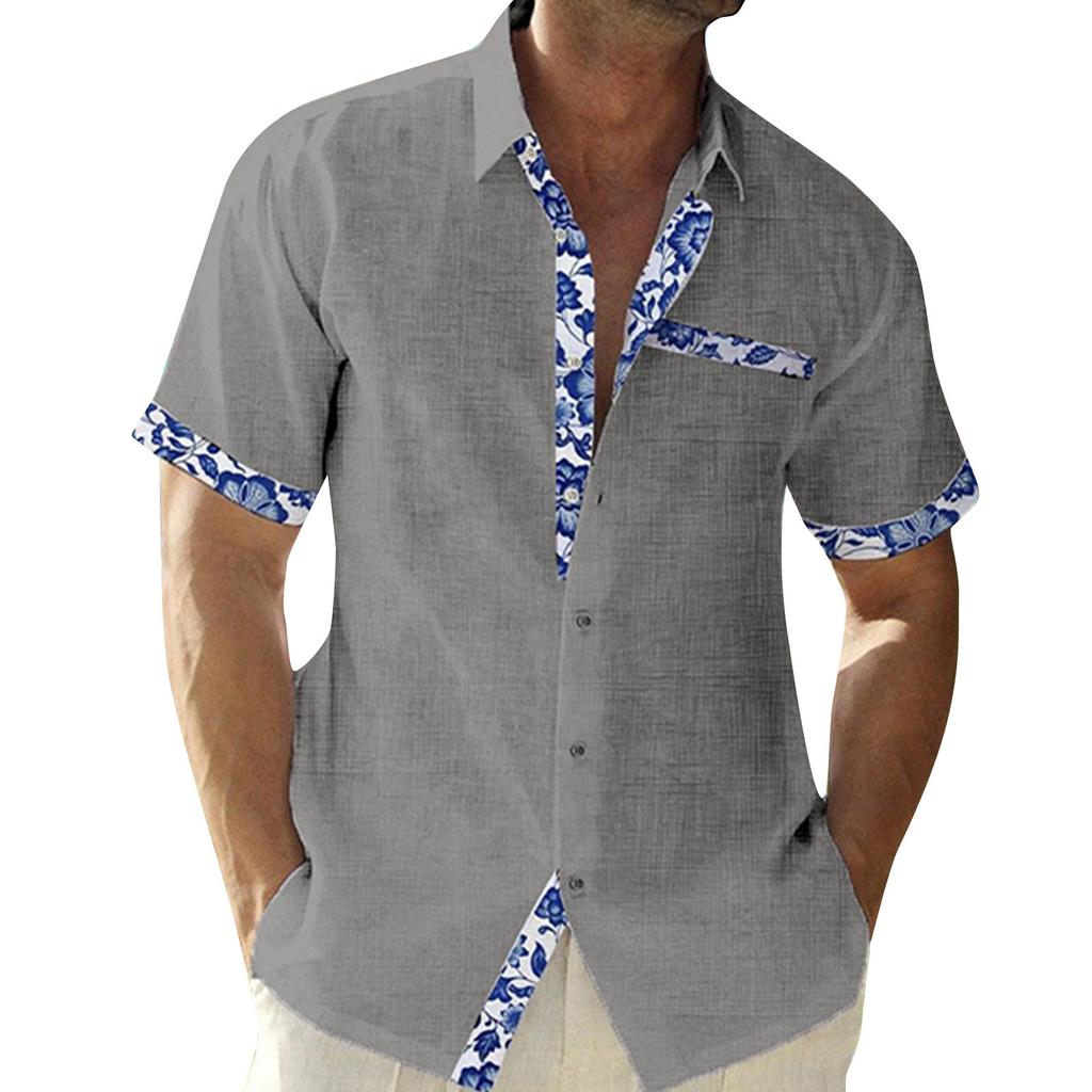 Men's Printed Stitching Design Short Sleeve Button Shirt Men's Casual Fashion Shirt