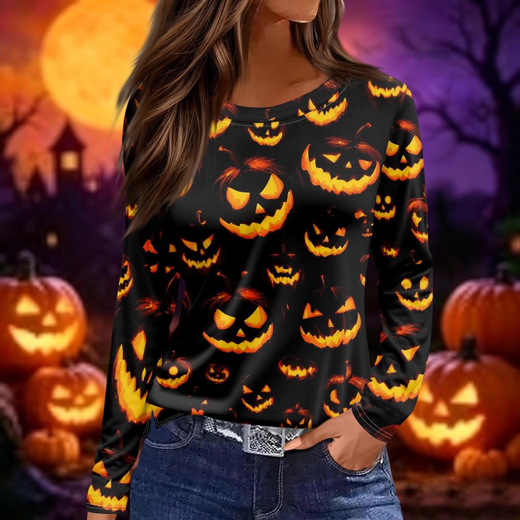 Women's Long Sleeve Halloween Print Top Split Hem Casual Pullover Round Neck Shirt Lightweight Comfortable Fit