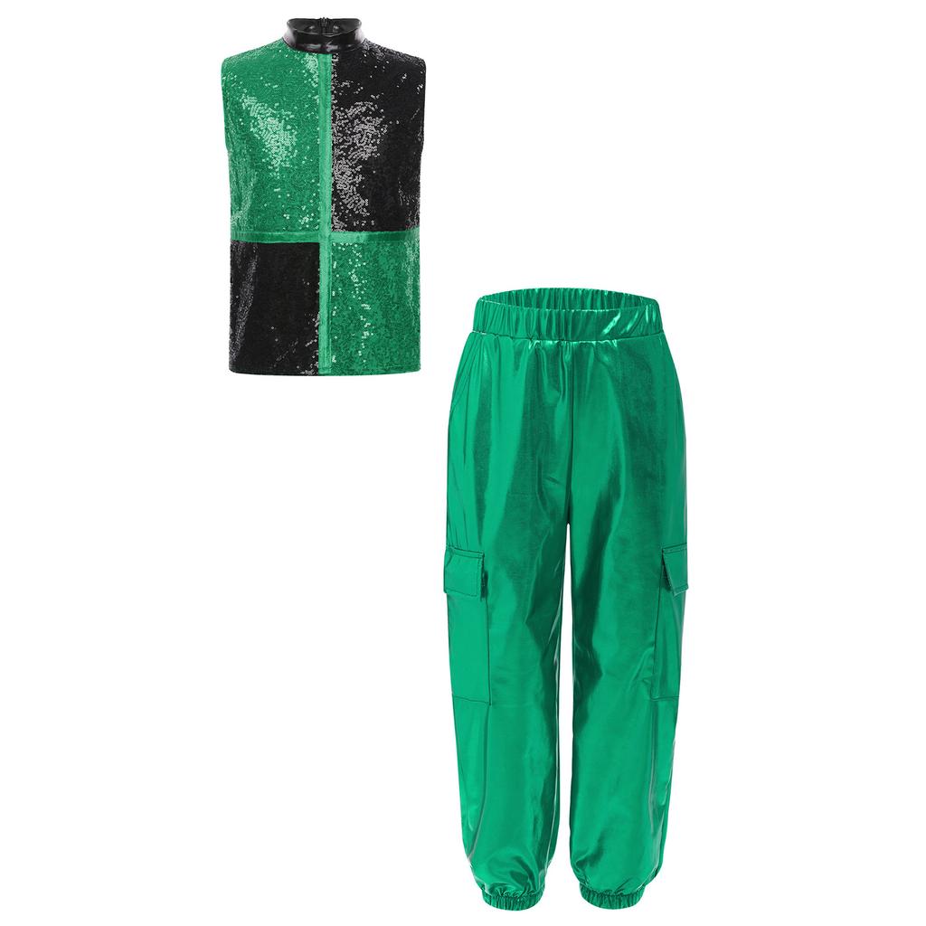 Costume da Danza Jazz Metallico per Ragazzo Collo Alto Senza Maniche Zip Posteriore Paillettes Lucide Blocco di Colore Top Pantaloni Cargo