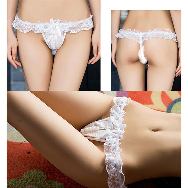 Women Sexy Panties Bowknot Beads Lace Low Waist Pearls Underpants Thongs Briefs