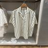 1116 Summer New Women's Hemp Blended Open Neck Striped Shirt Short Sleeve Shirt Loose Top Women's 171611