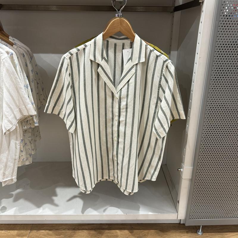 1116 Summer New Women's Hemp Blended Open Neck Striped Shirt Short Sleeve Shirt Loose Top Women's 171611