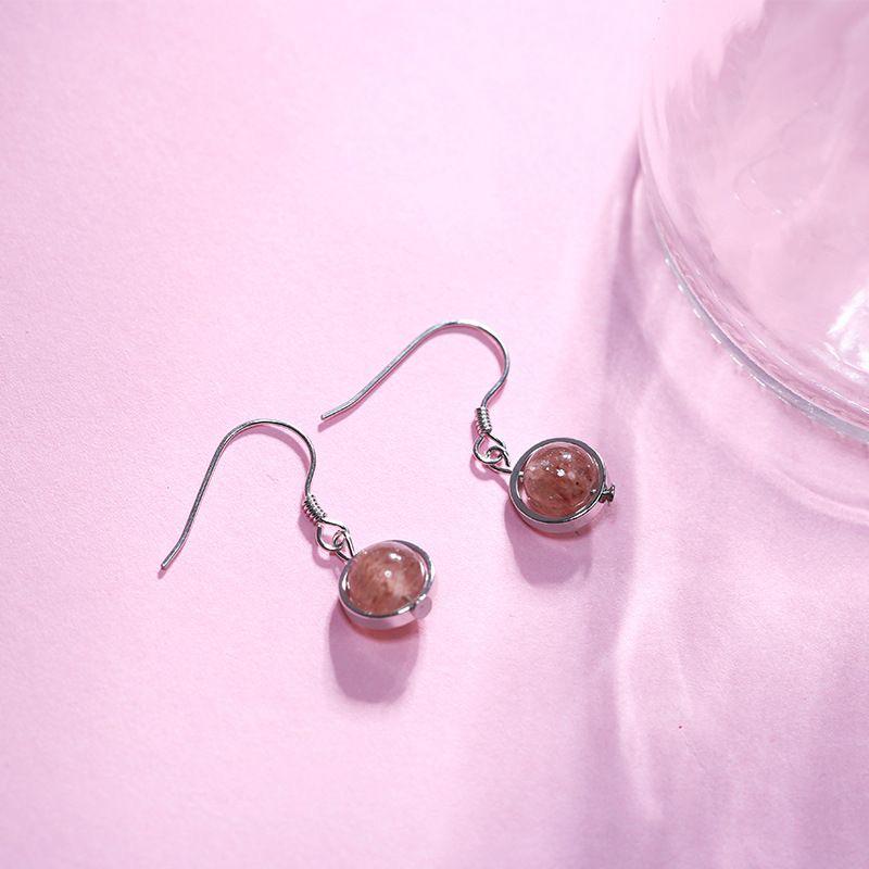 Lively Pink Strawberry Crystal & 925 Sterling Silver Earrings with Ear Wires - Korean Light Luxury Design 925 Silver