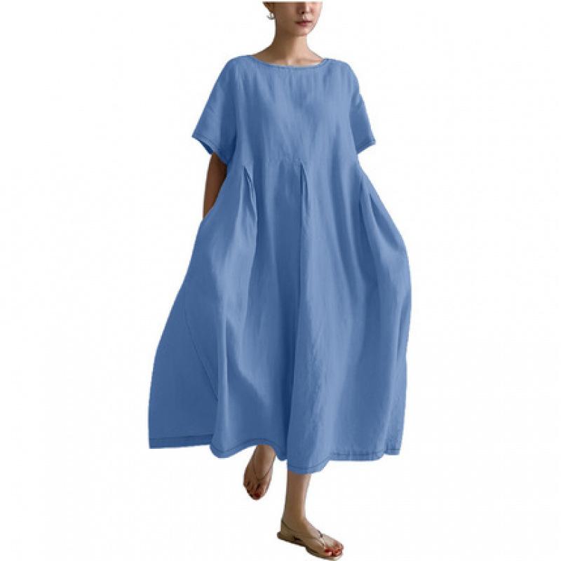 Damen Sommer Übergröße Gestreiftes Print Maxikleid, Lässiges Lockeres Rundhals Kurzarm Oversized A-Linien-Kleid