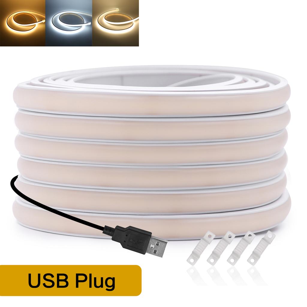 5V USB COB Neon LED Strip with Touch Dimmer/Switch 320LEDs/M IP68 Warm Natural White Flexible Rope Light Cabinet Room Decor 1-5M