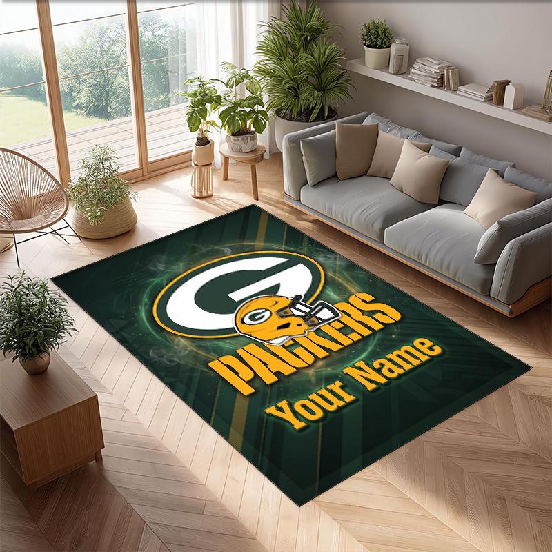 Green Bay Packers Crystal Velvet Rug, Custom Name Text Personalized Non‑Slip Floor Mat for Home Decor Gift
