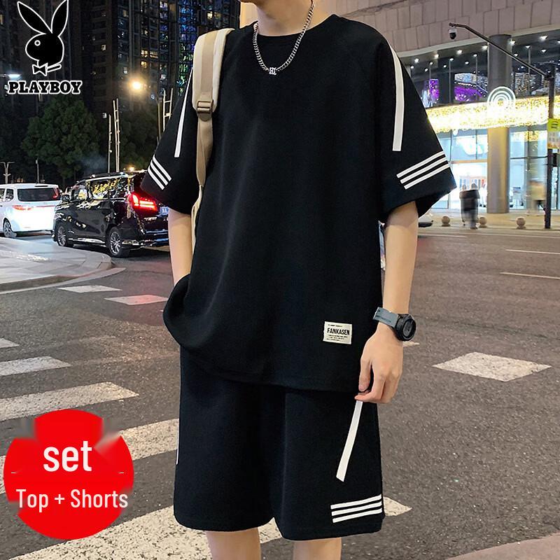 PLAYBOY Men s Summer Ice Silk Short Sleeve T-Shirt & Shorts Set XL