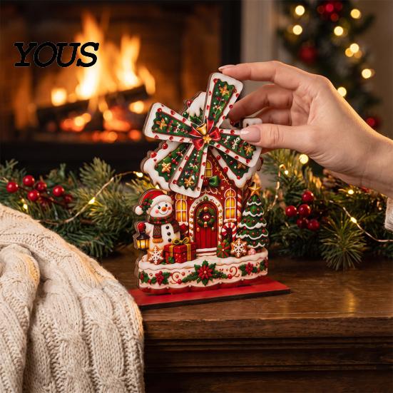 Handmade Christmas Atmosphere Props Windmill Wooden Ornament, Decorative Craft with Rotating Indoor Winter Holiday Display Blades, Figurine