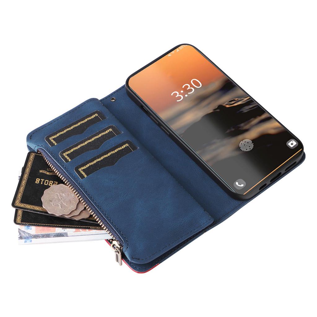 Stylish Dual-color Nine-card Zipper Case With Card Holder And Stand For Samsung A14