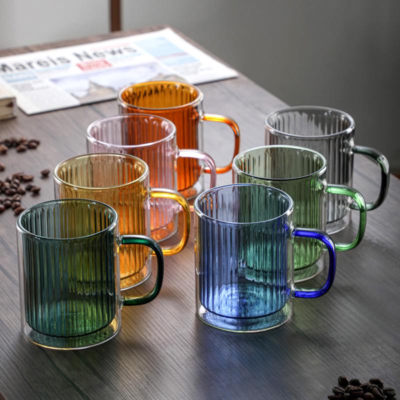 Double-Layer Vertical Stripe Glass Cup with Large Handle for Home, Office, or Coffee Shop Use
