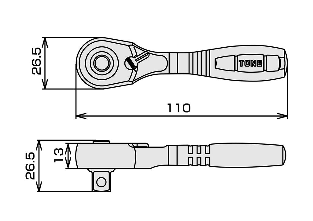 TONE Short Ratchet Handle Drive (Hold Type) RH3HS, 9.5mm (3/8")