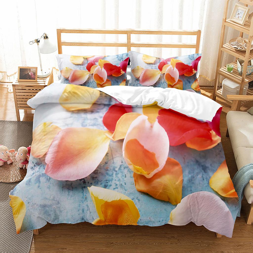 Petal Duvet Cover Set King Queen Full Size Beautiful Flower Pattern Polyester Comforter Cover for Kids Teens Adults Bedding Set