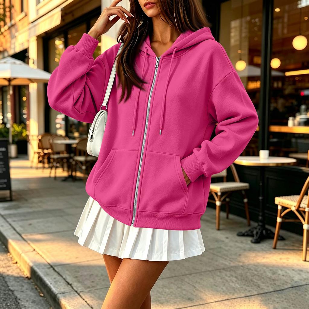 Women's Long Sleeve Color Hooded Loose Fit Zip-Up Jacket