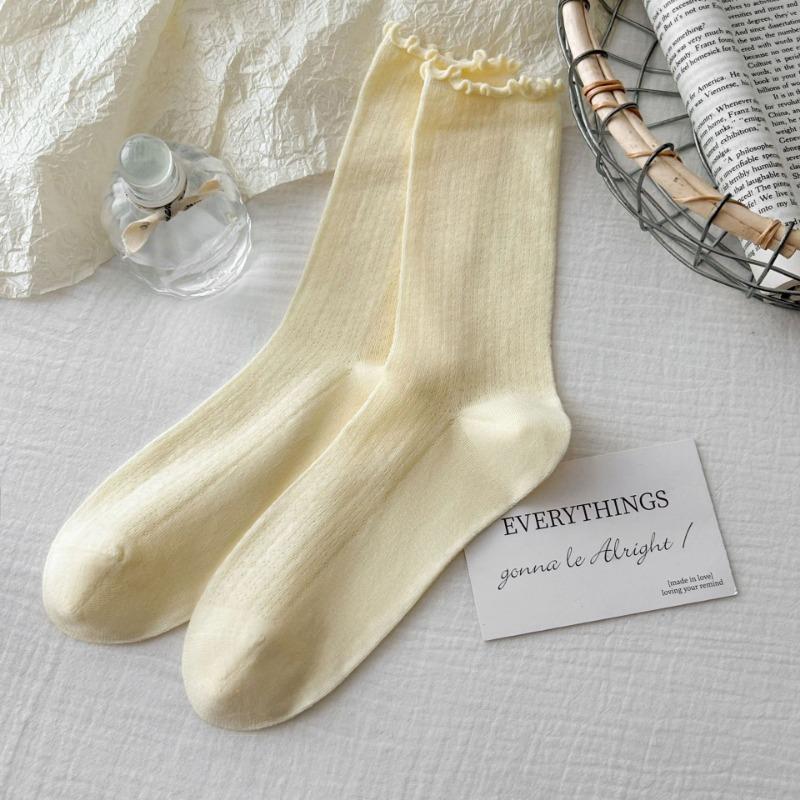 Boneless Socks for Women, Summer Thin Mesh Breathable Pile Socks, Black Fungus Edge Mid-calf Socks, Loose Lace Postpartum Socks for Women
