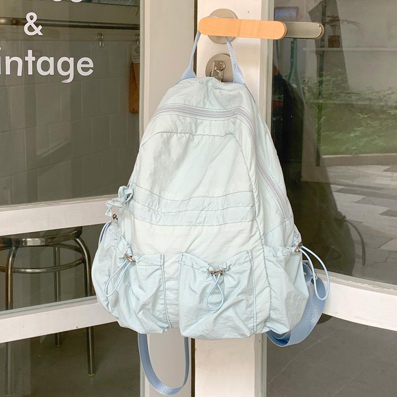 

Сплошной цвет рюкзак женщин шнурок плиссированные путешествия случайный рюкзак студент школьный ранец светло-синий