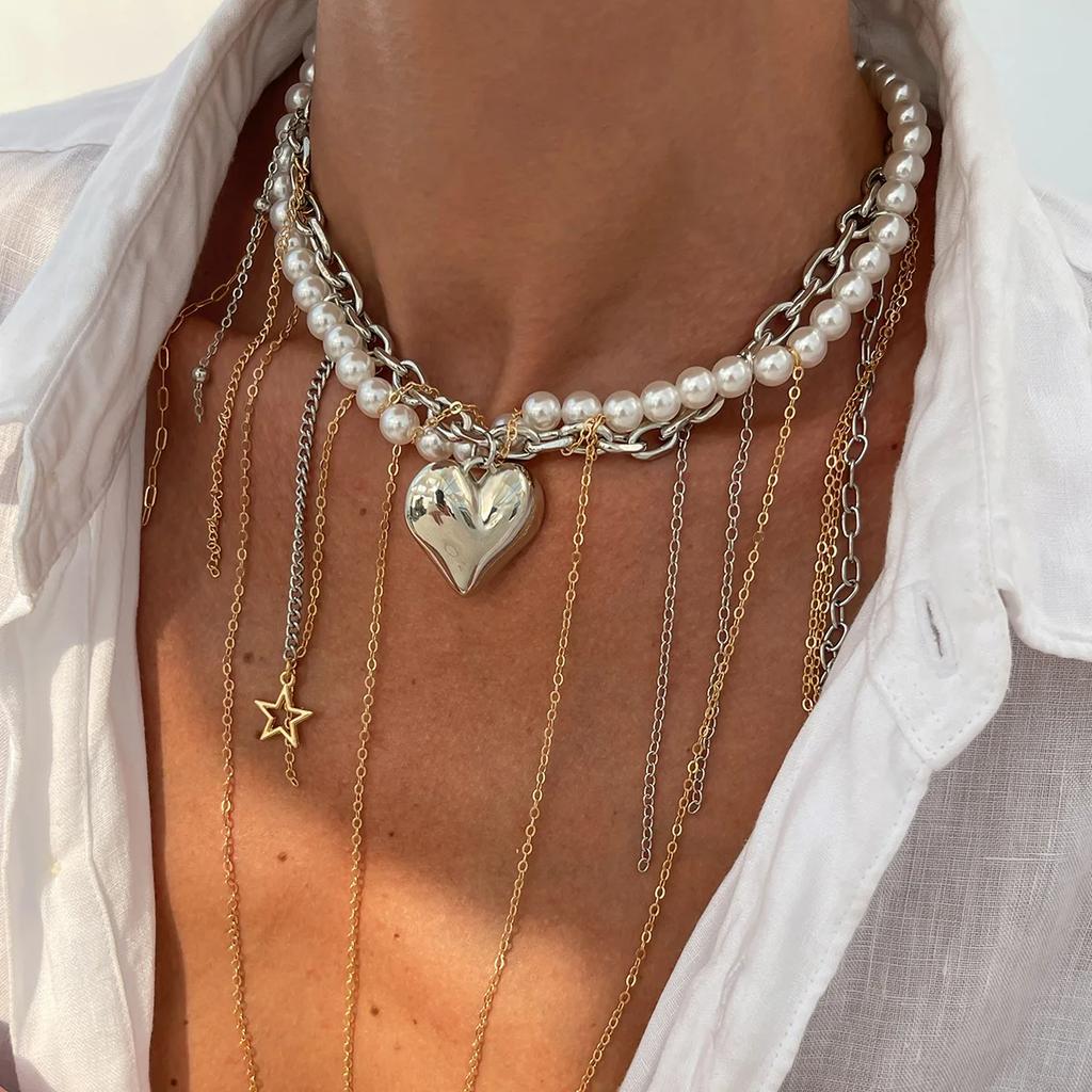 Creative Multilayer Clavicle Chain Wed Bridal Neck Vintage Love Heart Corss Tassel Pendant Choker Necklace Women Jewelry Gifts