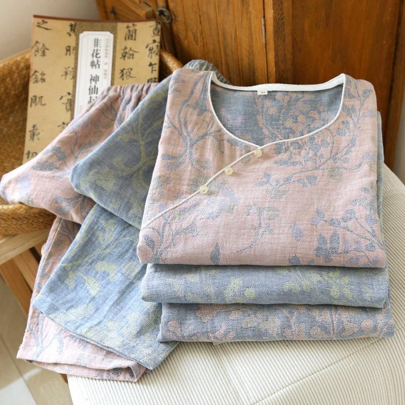 2026 New Spring and Autumn Women's Pajama Set 100% Cotton Gauze New Chinese Style Diagonal Collar Home Furnishing Set Sleepwear