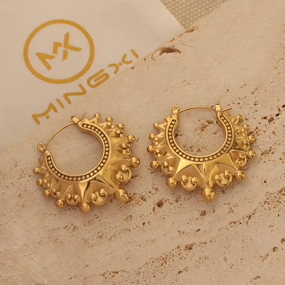 CARLIDANA Non Tarnish Vintage Womens Gold Color Stainless Steel Waterproof Hypoallergenic Spikes Beads Fashion Hoop Earring