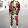 Men Black Purple Rose Skull Blue Butterfly Print Long Sleeve Sweatshirt Jogger Pants Two Piece Suit