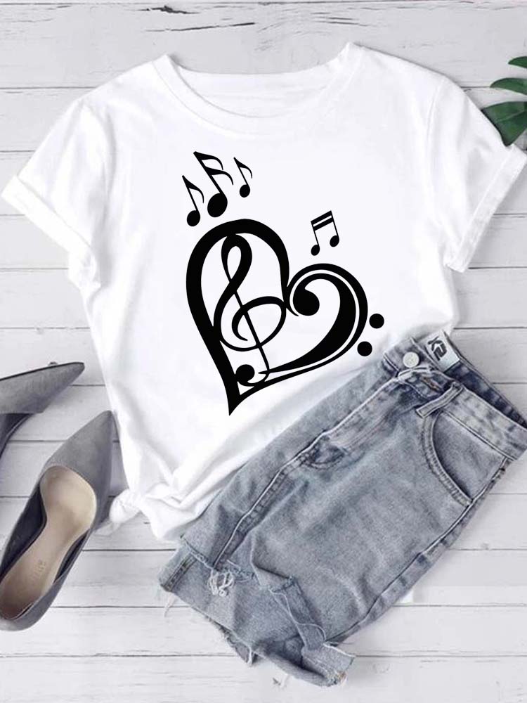 T-shirt Mode Femme Imprimé Notes de Musique T-shirt Décontracté Hauts Noirs Années 90 Dames Filles T-shirt FeUnisex Harajuku T-shirt Graphique