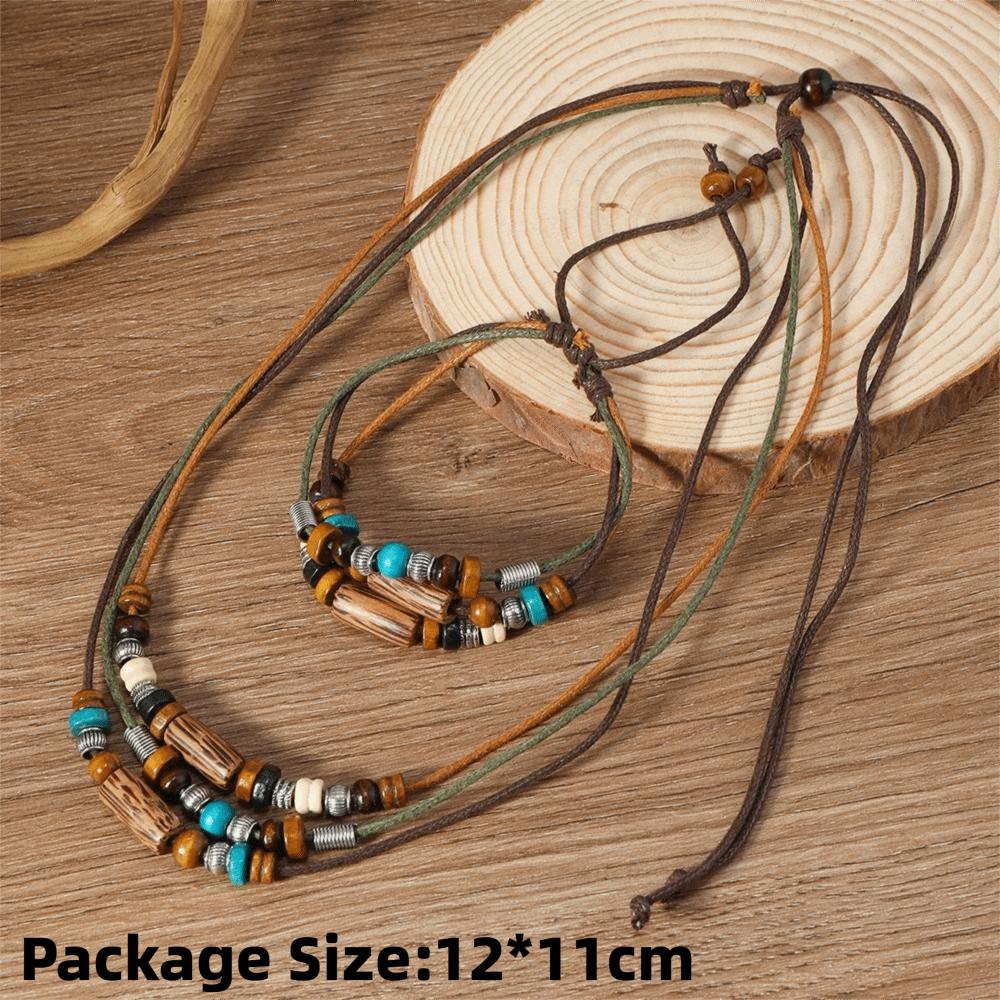 Wood Beads Boho Necklace Set Cord Vintage Wooden Bead Jewelry Wooden Bead Jewelry Set Boho Styling