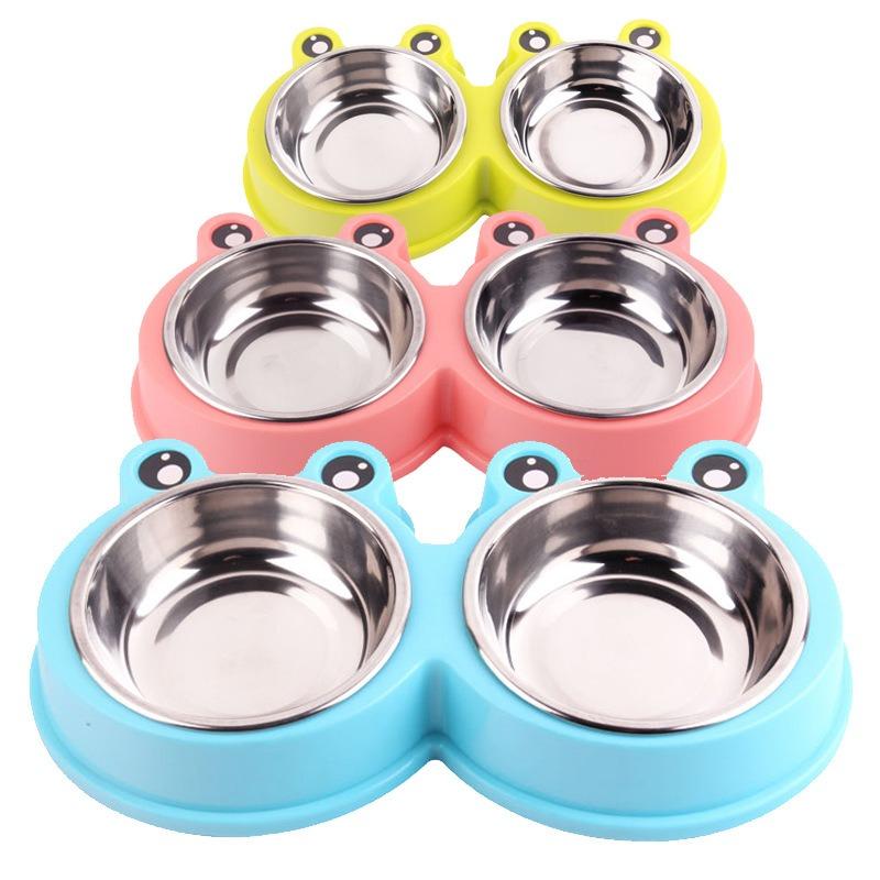 Pet Bowls, Plastic Cartoon Frogs, Double Bowls, Pet Stainless Steel Bowls, Pet Feeders, Cat Bowls, Dog Basins, Pet Supplies
