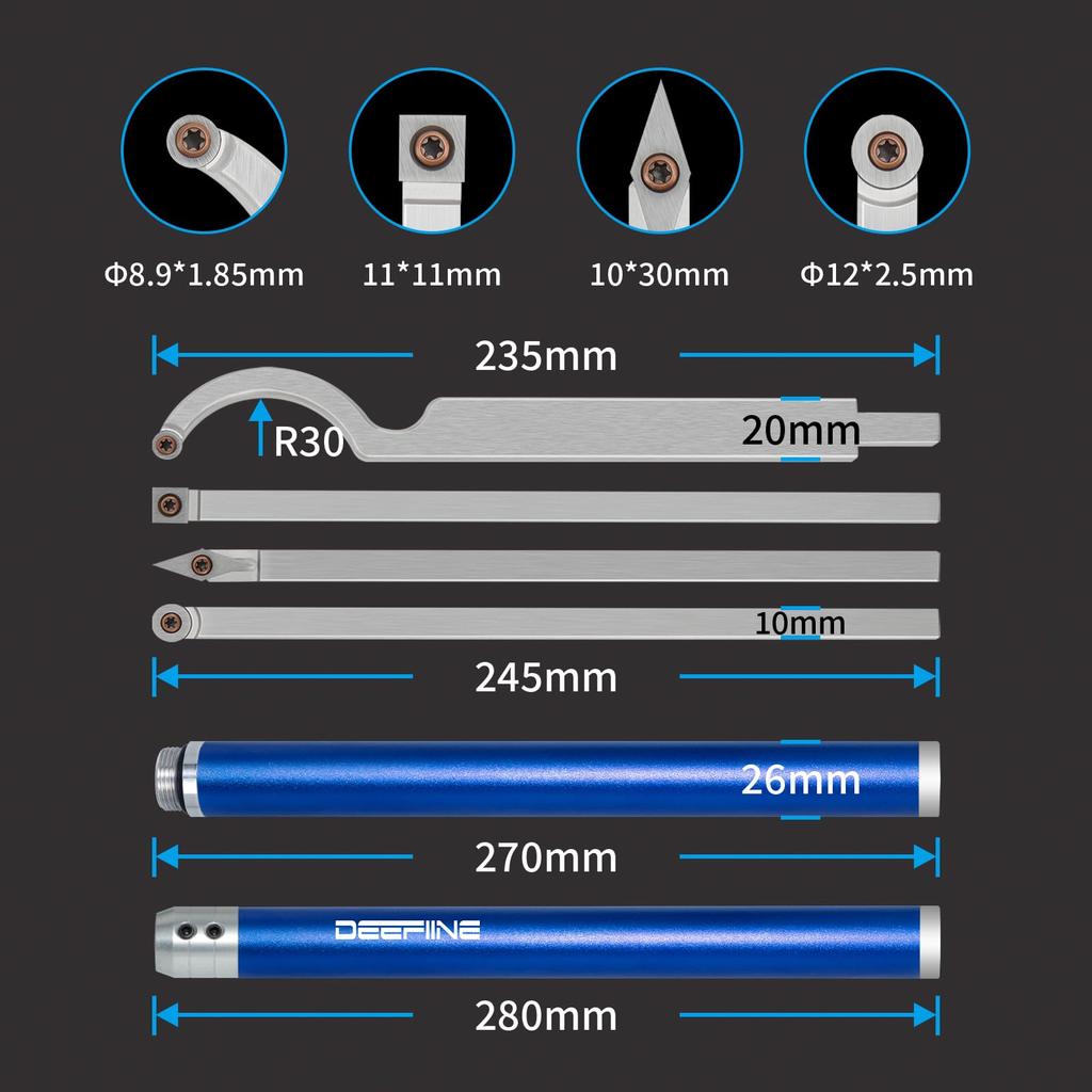 DEEFIINE Hartlegierung Schneidkopf Drechselwerkzeug mit Schalendrechseln Schruppen und Schlichten Hohlbearbeitung Austauschbar Aluminiumlegierung 4