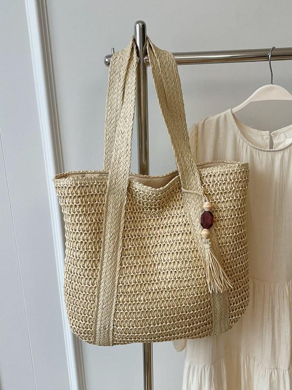 Versatile Solid Color Straw Beach Bag – Large Capacity Vacation Handbag