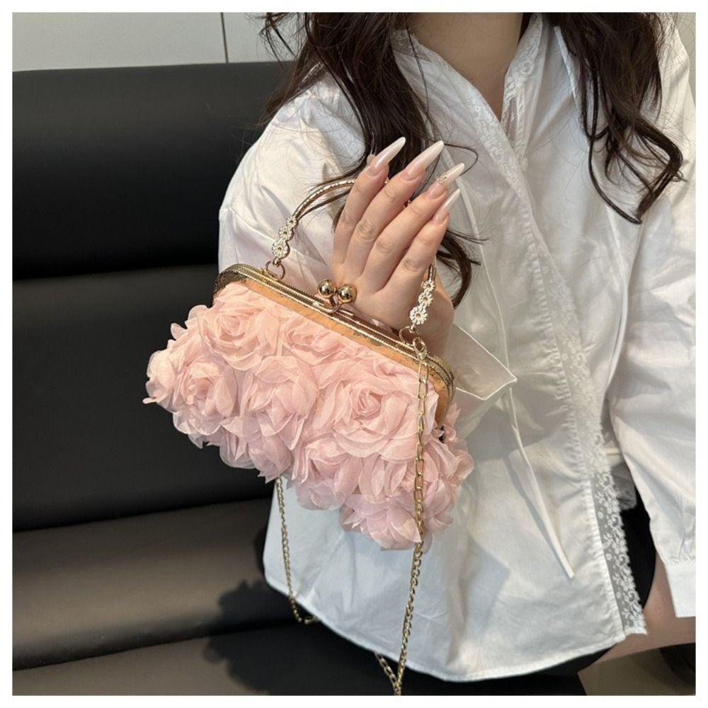 Fashion Polyester Fiber Evening Bags Chain Chiffon Banquet Bag 3D Flower Crossbody Bag Women
