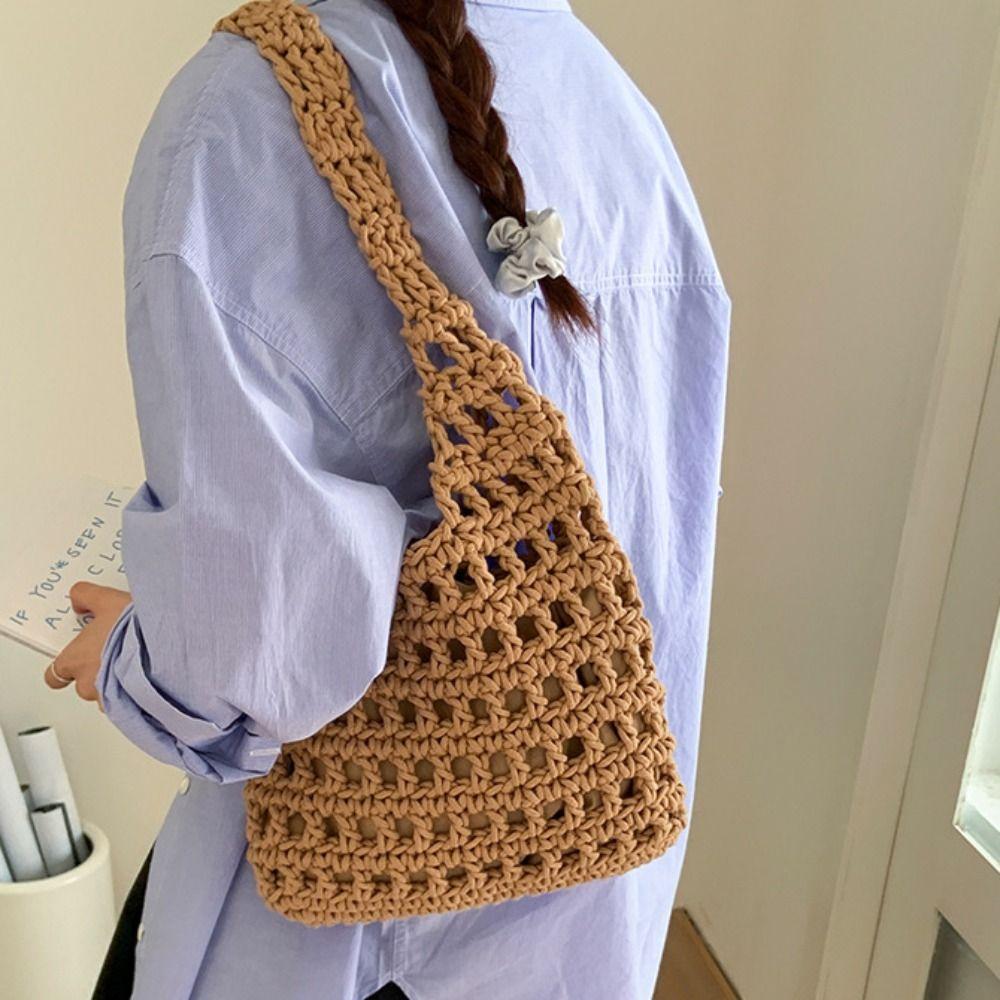 Braided Crochet Tote Bag Solid Color Beach Bag Fashion Hollow Out Knitted Weave Bag  Daily