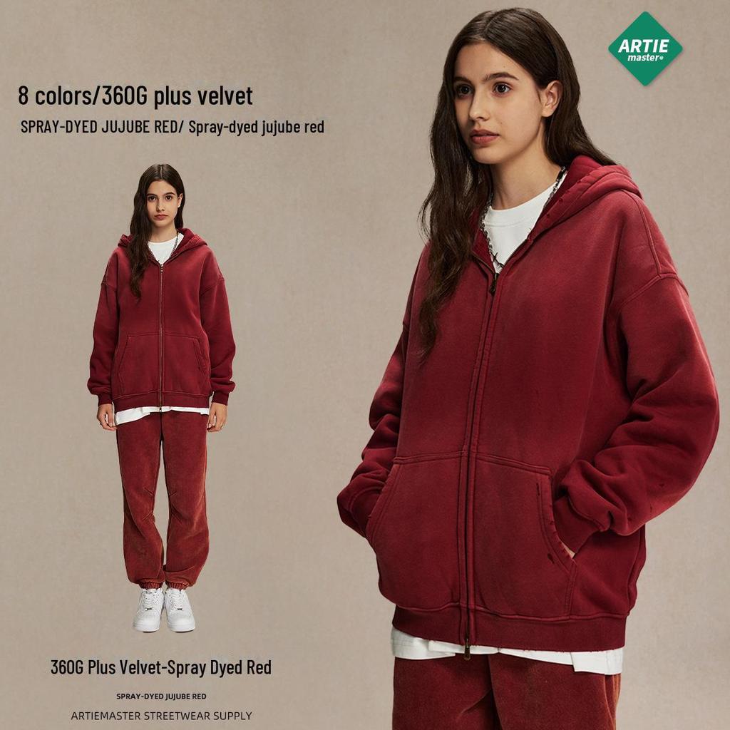 ARTIE Herren 2024 Winter Unisex Dick Sprühgefärbt Doppelreißverschluss Sweatshirt Hoodies