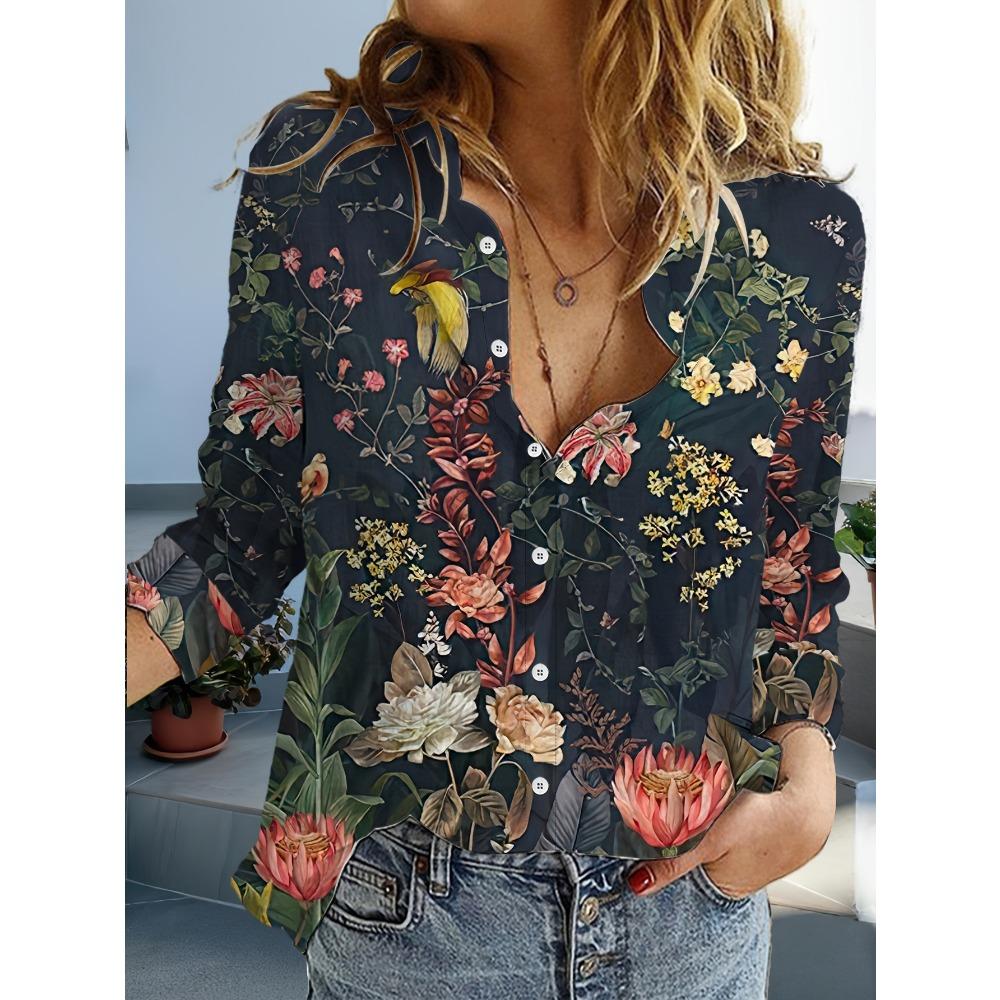 Mode Bloemen Vlinders Patroon 3D print Dames Lange Mouw Shirt Eenvoudig Kraag Top Herfst Casual