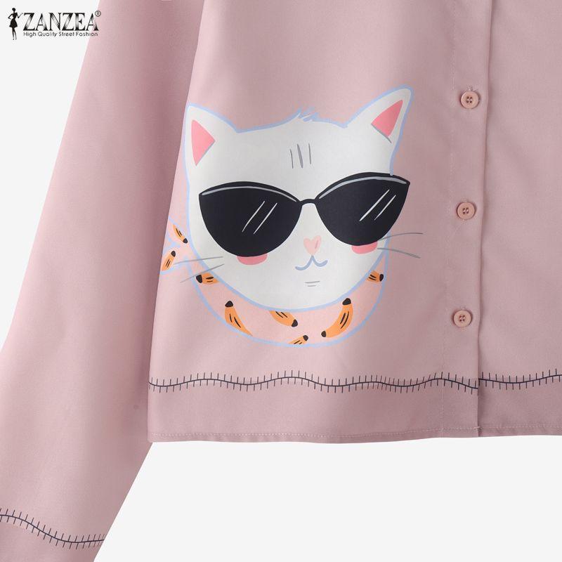 ZANZEA Women Casual Turn Down Collar Long Sleeve Print Blouse