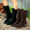 Fashion Block Heel High Boots Women's Fashion Round Toe Suede Front Lace-Up Anti-Slip Wear-Resistant Single Boots