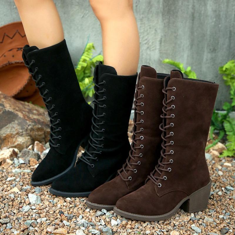 Fashion Block Heel High Boots Women's Fashion Round Toe Suede Front Lace-Up Anti-Slip Wear-Resistant Single Boots